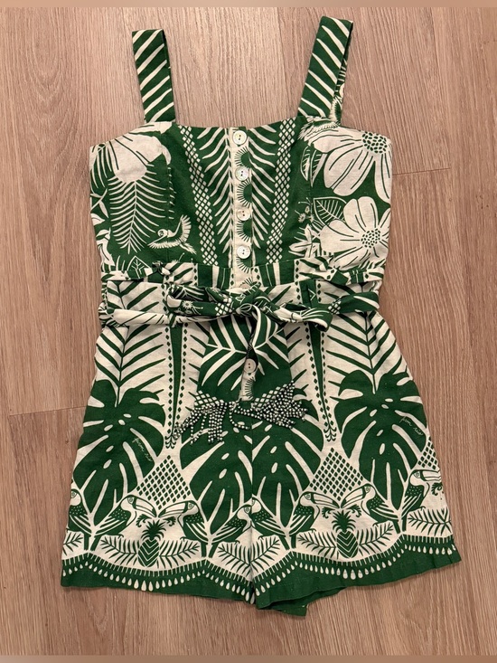 FARM Rio Pants - Farm Rio Green & White Tropical Print Romper with Beaded Belt and Pockets